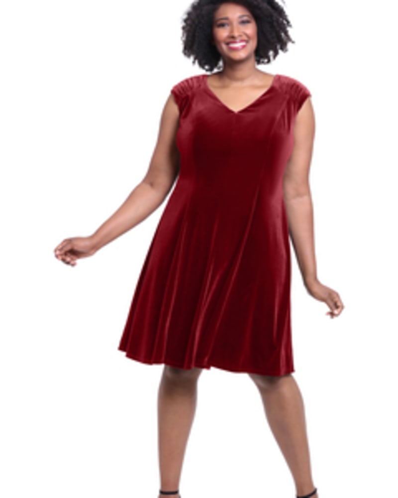 Front of a model wearing a size 14W Kirsten Fit and Flare Dress in RED by London Times. | dia_product_style_image_id:254847